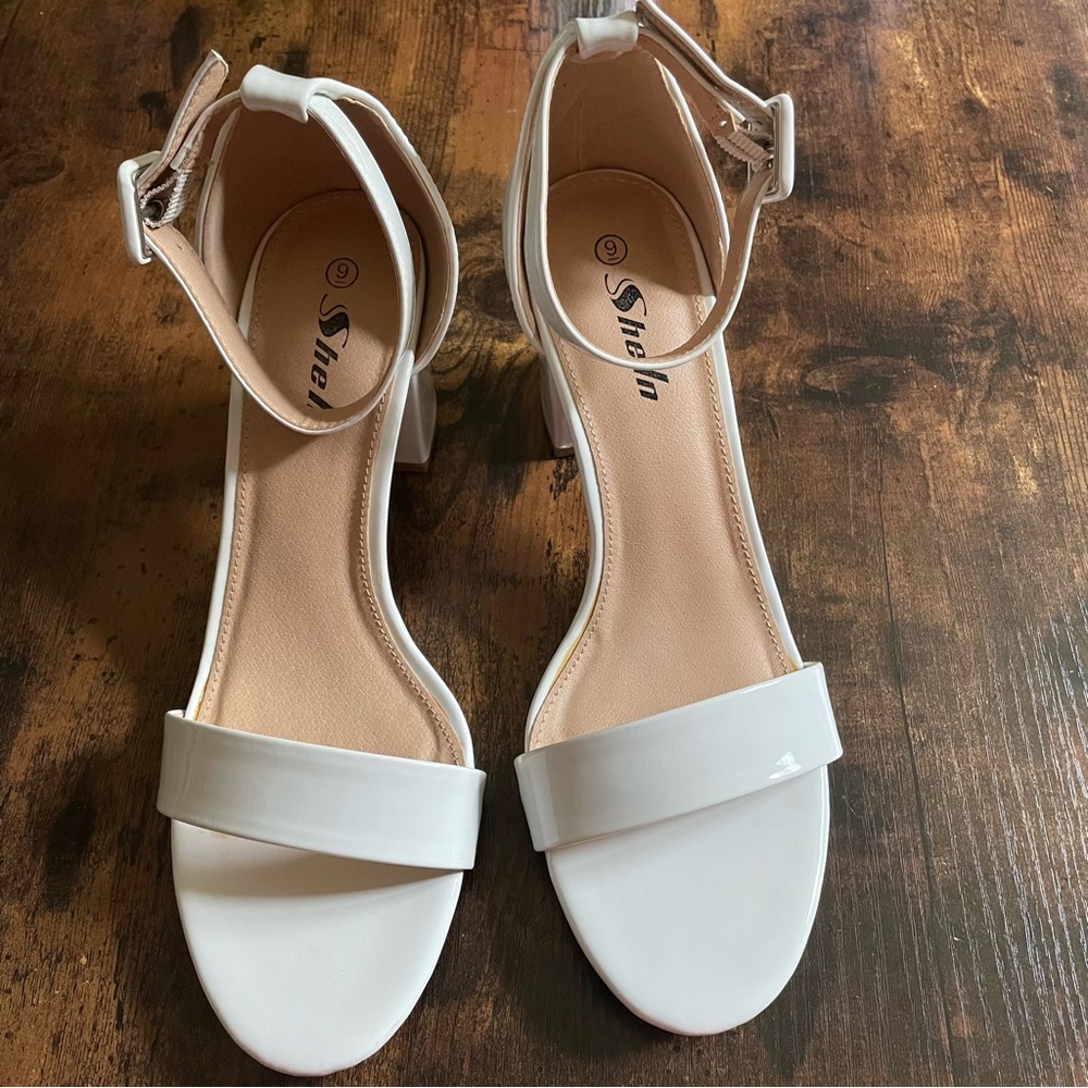 SHEIN White Block Heel Sandals with Ankle Strap